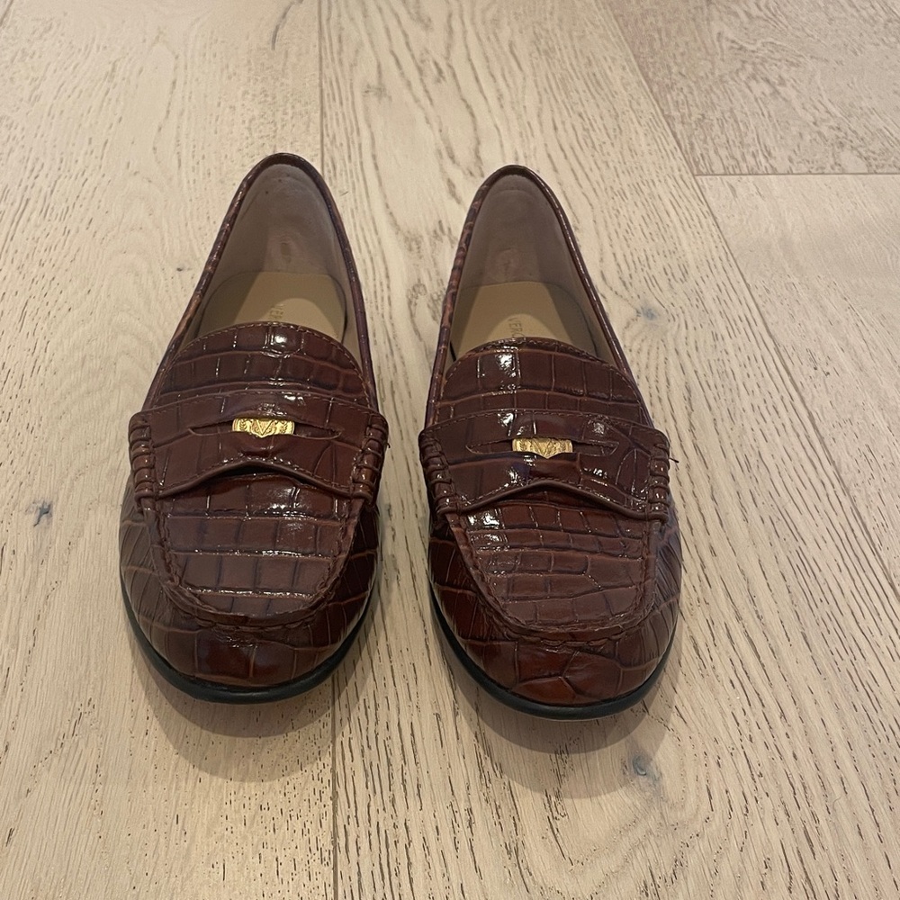 Veronica Beard Croc-Embossed Brown Loafers